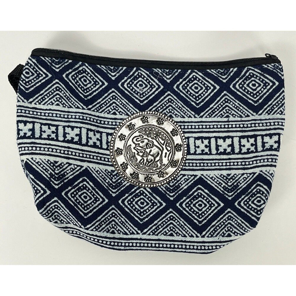 Cosmetic Bag Zip Makeup Canvas Case Travel Organizer Blue Elephant Medallion New